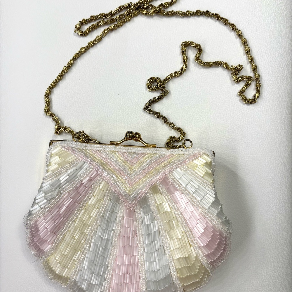 Regale Multicolored Shell Beaded Clutch with Gold Chain